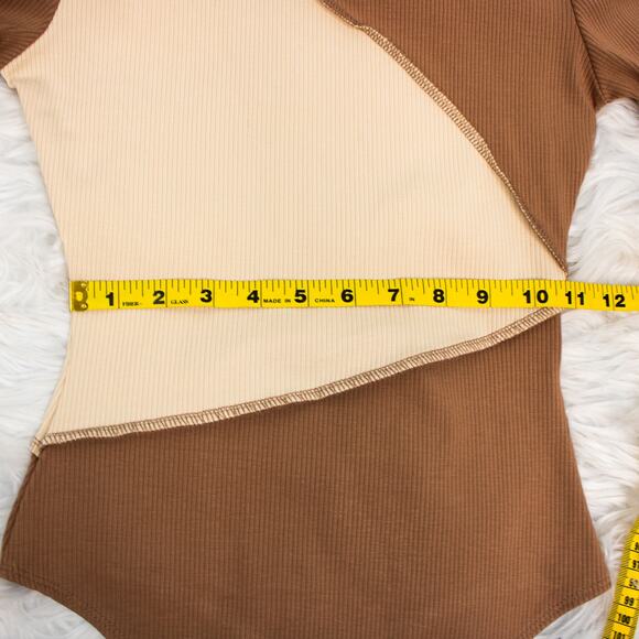 Naked Wardrobe Brown Color Block Ribbed Knit Long Sleeve Bodysuit Size Medium - Picture 8 of 12